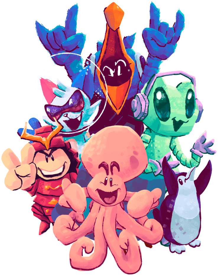 Ilustración del elenco de mascotas de Takernal Community: un pulpo, un alienígena, un pingüino y otros personajes celebrando juntos