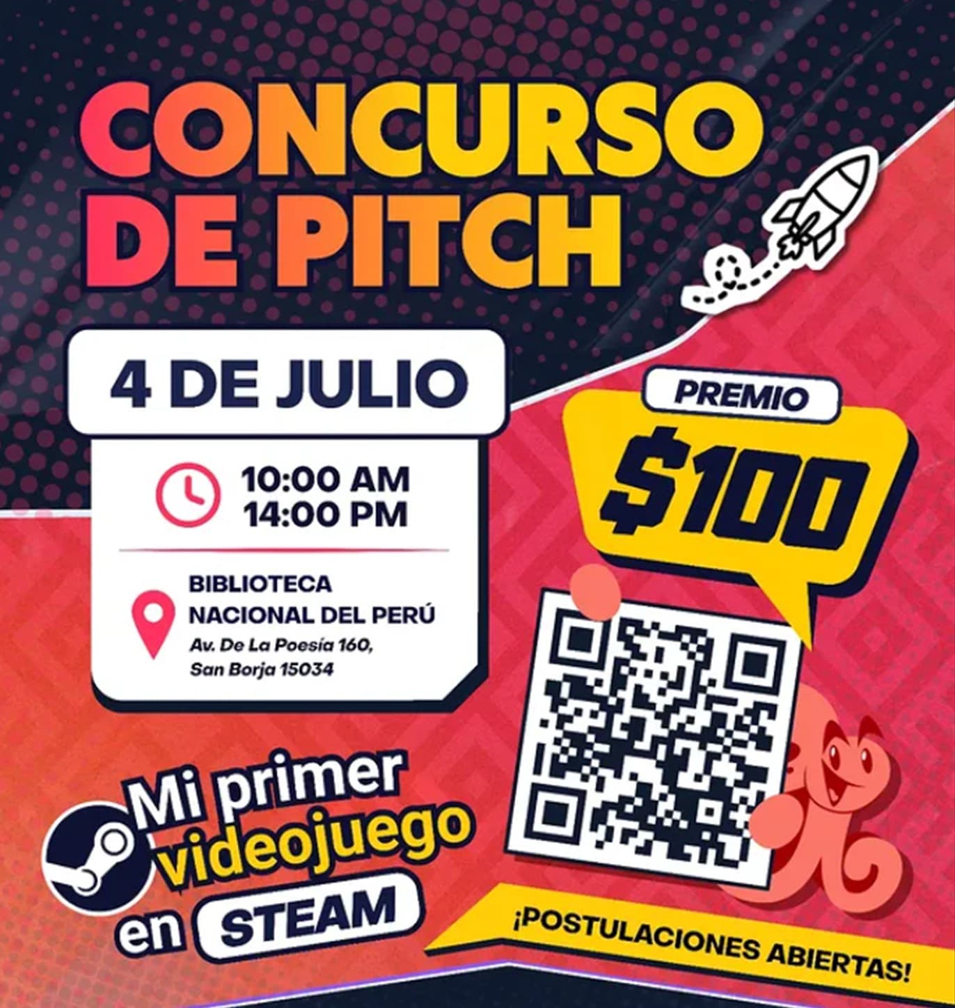 Cartel del Concurso de Pitch con la fecha, el premio de cien dólares en Steam y el pulpo de Takernal