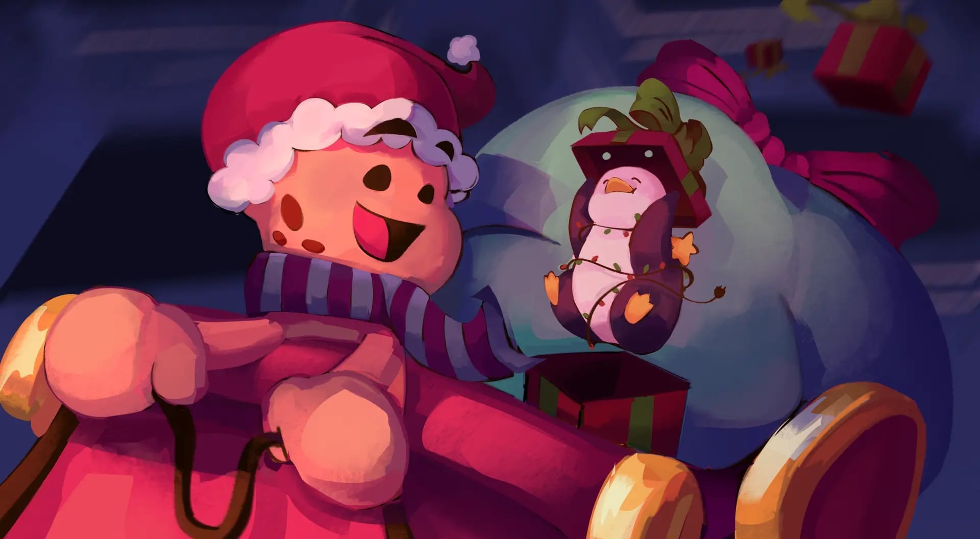 Ilustración navideña: la galleta mascota de Choco Devs, con gorro de Papá Noel y bufanda, conduce un trineo cargado de regalos mientras el pingüino sale de una caja enredado en luces